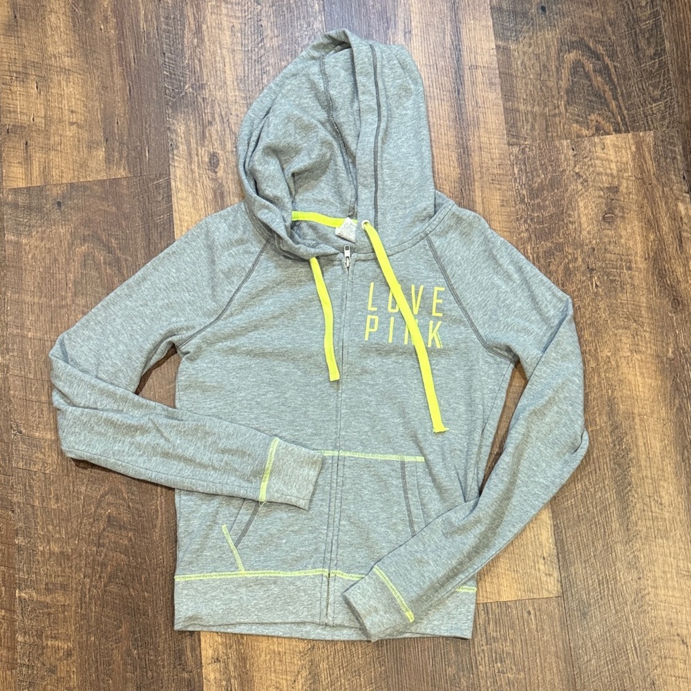 Victoria's Secret Gray Full Zip Hoodie‎ with Neon Yellow Accents Women’s XS